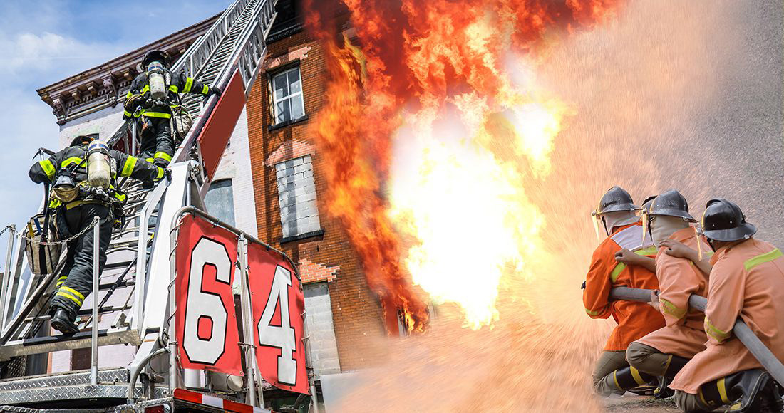 Firefighters climbing ladder and fighting fires