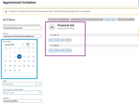 EAB Appointment Selection Screen Image