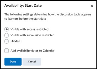 Image of Availability Start Date Settings. 