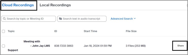 Screenshot of Zoom Cloud Recording Page.