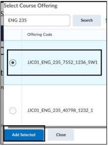 Image of the user selecting the course and clicking Add Selected