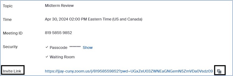 Screenshot of Invite Link on Zoom page. 