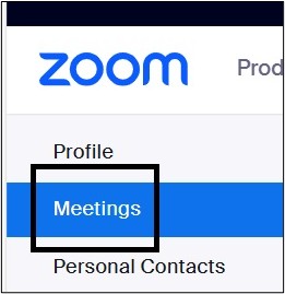 Screenshot of Zoom Meetings selection. 