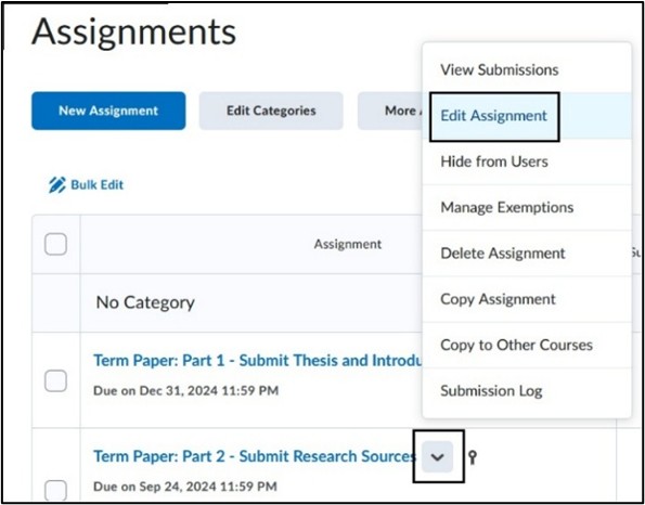 Image of Assignment Edit settings. 