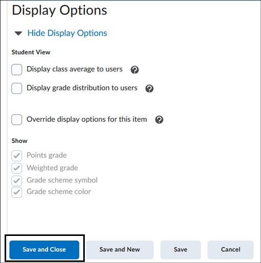 Image of Student View Display Options. 