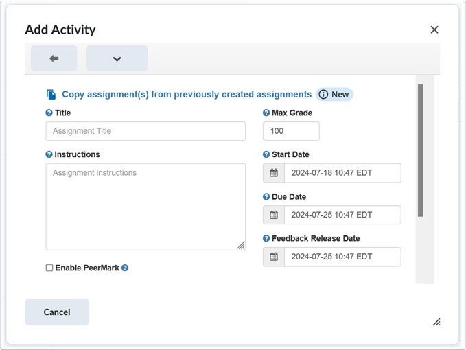 Image of Add Activity Page.
