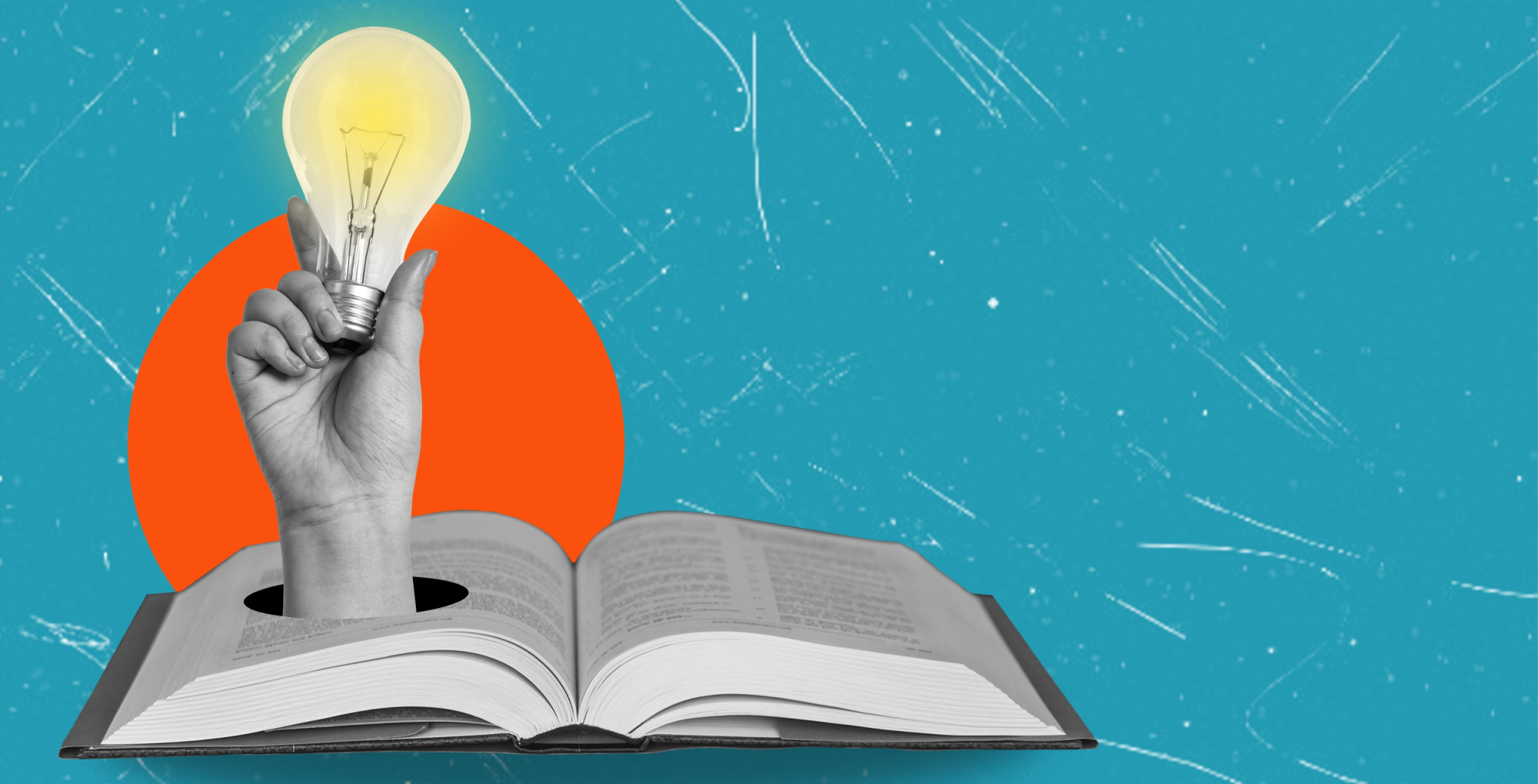 art collage, hand with a light bulb from a book