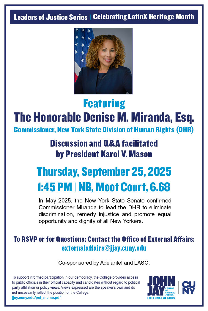 Flyer of a discussion and Q&A with The Honorable Denise M. Miranda, Esq.
