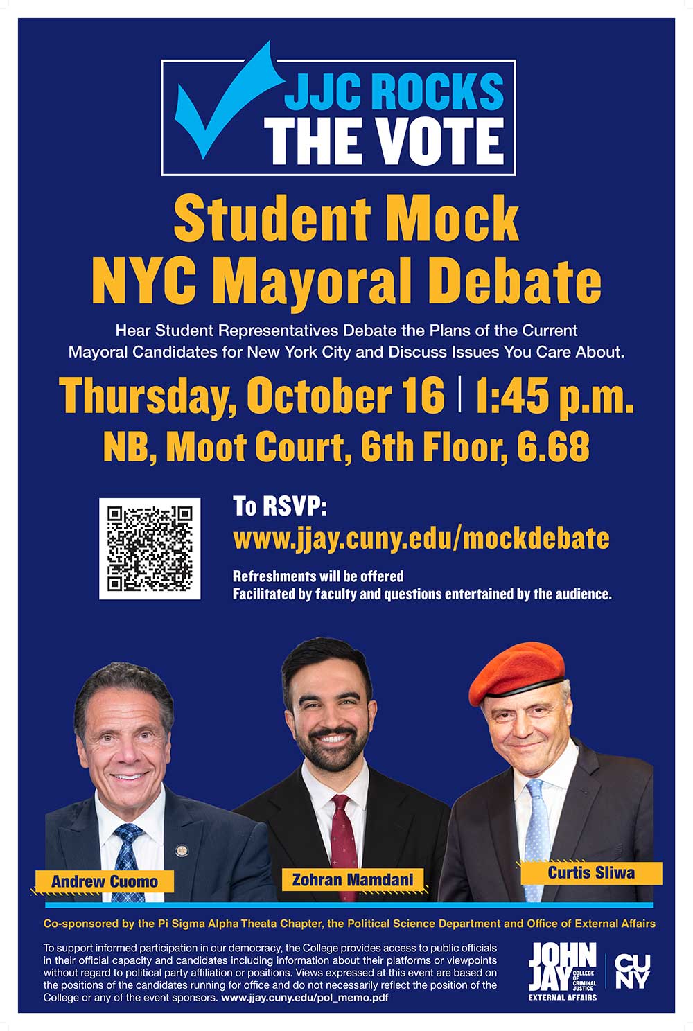Poster of Student Mock NYC Mayoral Debat on October 16. From left to right, Andrew Cuomo, Zohran Mandani, and Curtis Sliwa