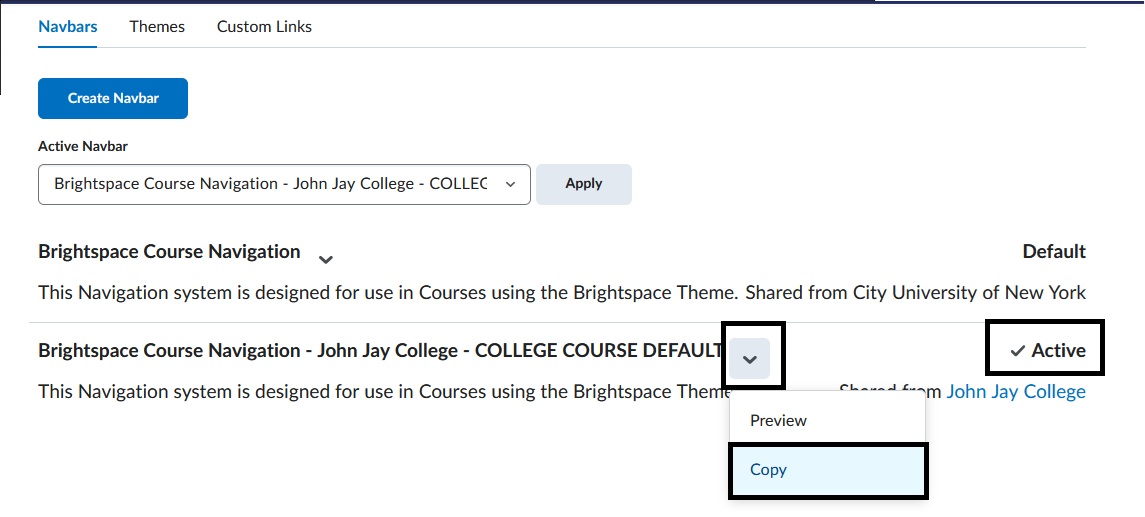 Image of College Default Course Navbar. 