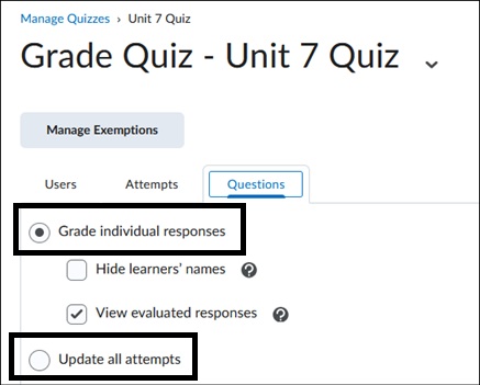 Image of Questions Tab update settings 