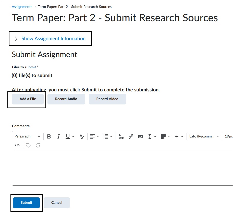 Image of Submission page. 