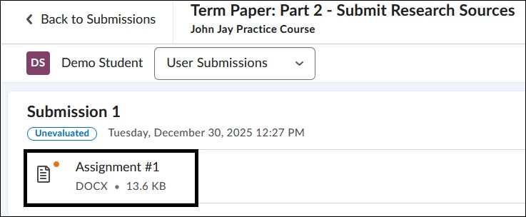 Image of Student Submission page. 