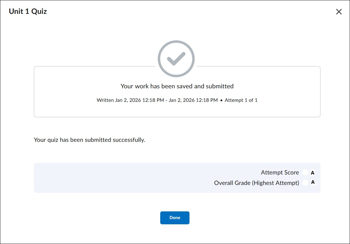Image of Quiz Submission page. 