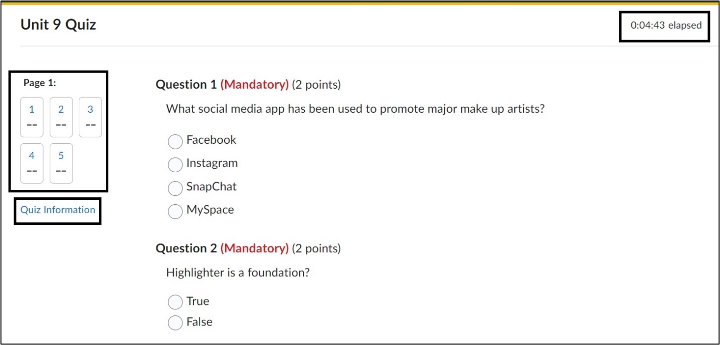 Image of Quiz Attempt page.