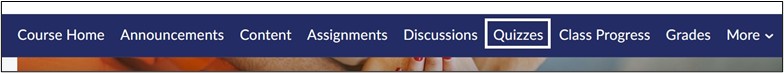 Course Navbar in blue with Quizzes linked highlighted by a white box.