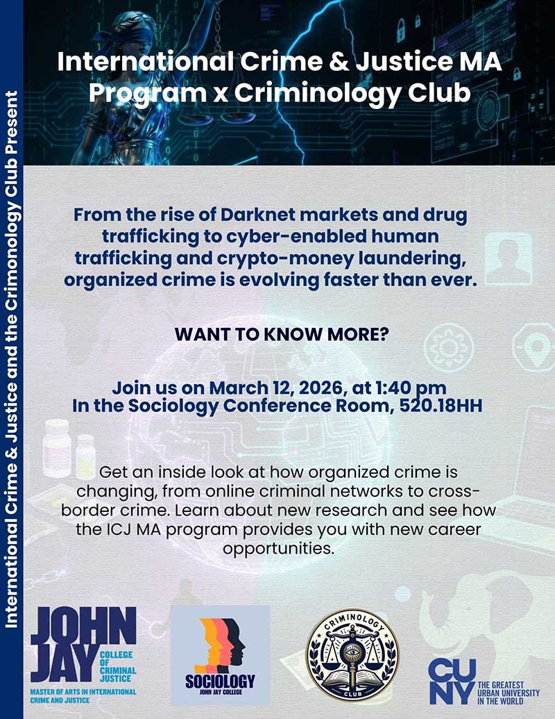Flyer for the International Crime and Justice Program x Criminology Club