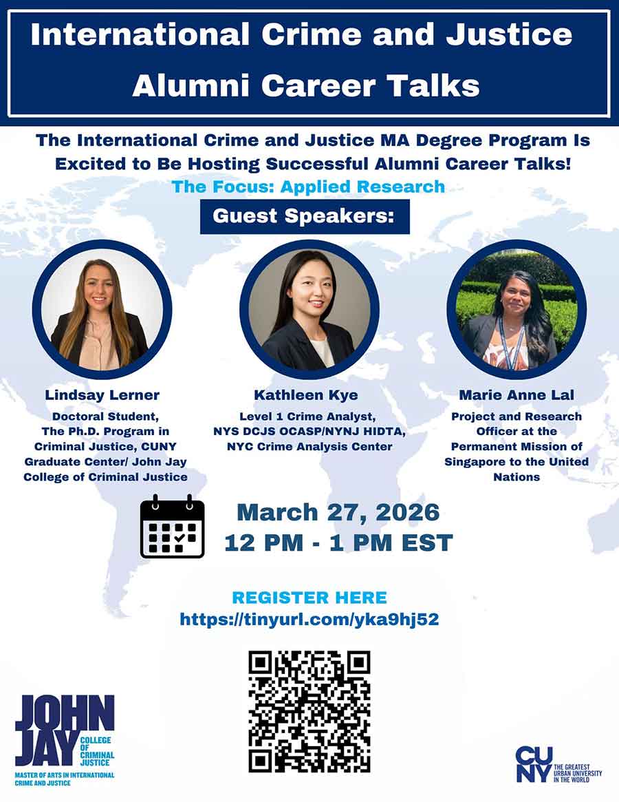 Flyer of International Crime and Justice Alumni Career Talk March 27