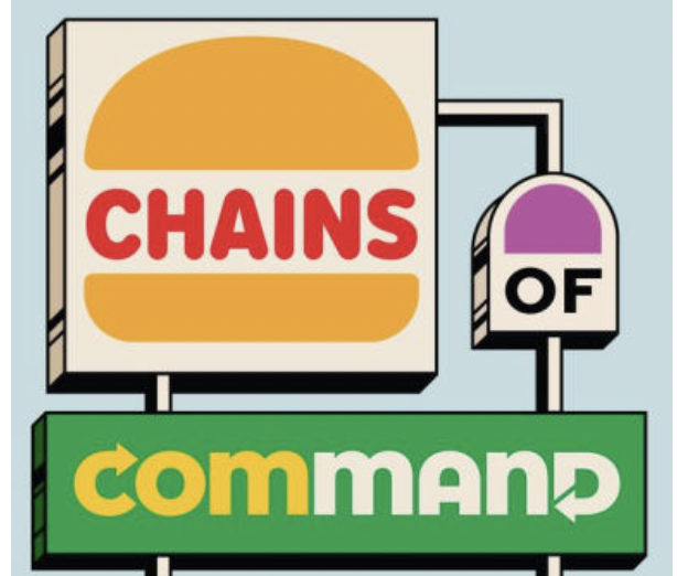 Stylized sign graphic reading “Chains of Command” in a bold, graphic illustration style with simple shapes and a muted background