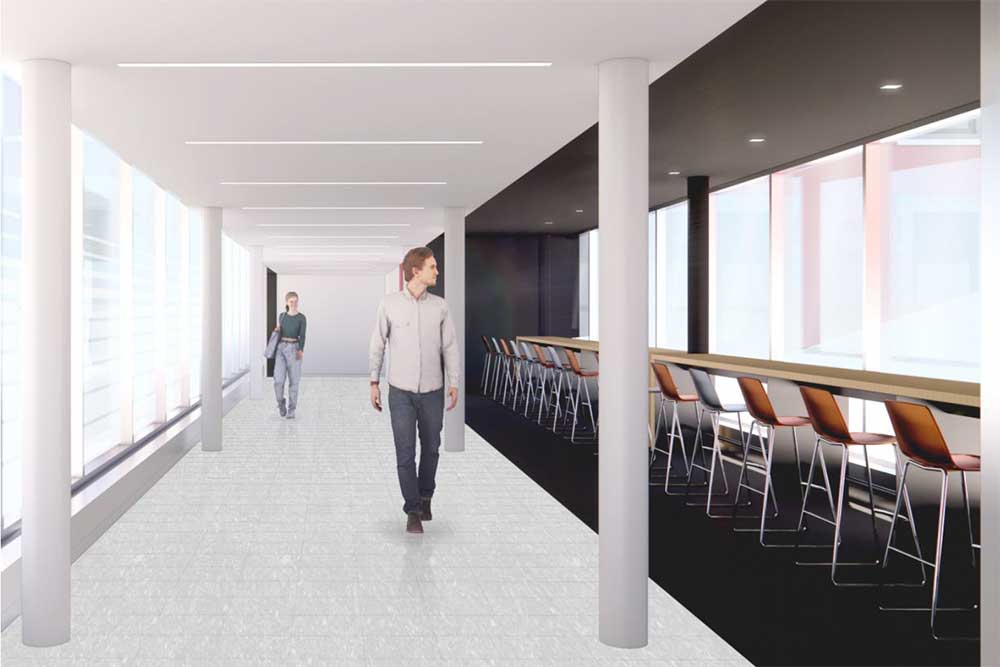 A rendering of the 2nd Floor Bridge student workspace