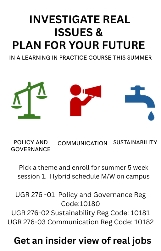 Promotional flyer of a summer learning course on policy and governance, communication, and sustainability themes