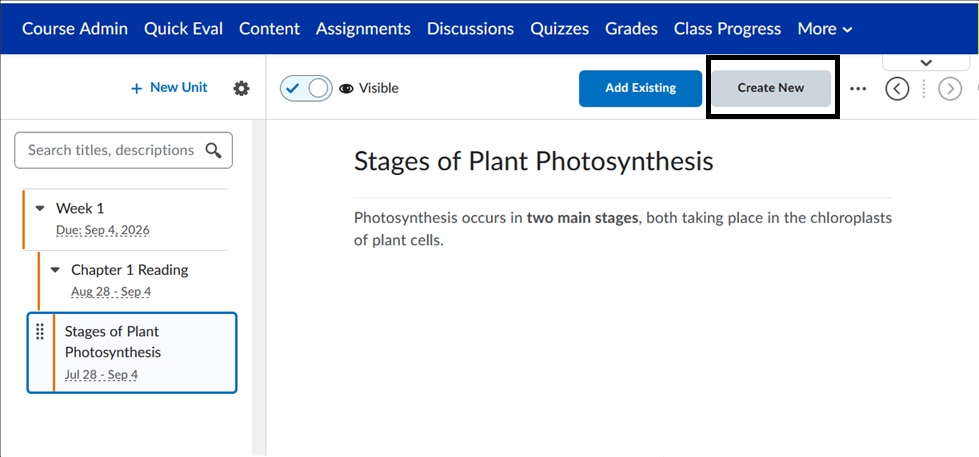 Create New button on Content page.