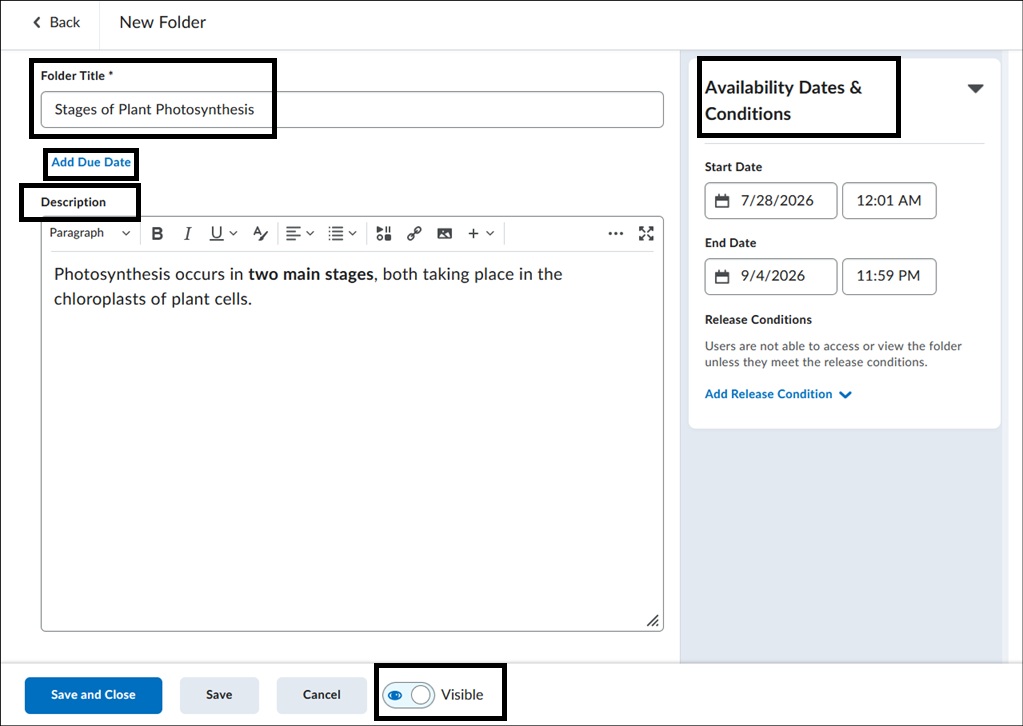New Folder page with highlighted areas to enter information.