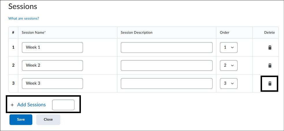 Sessions listed on Attendance Register page.