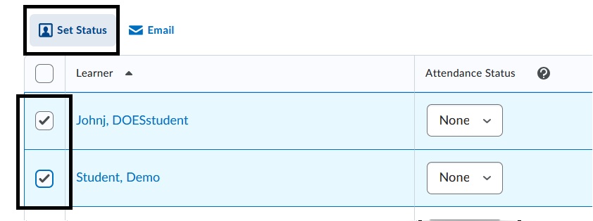 Selecting students for the Set Status option.