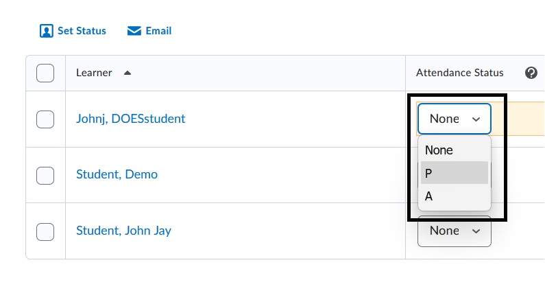 Set Status for individual students.