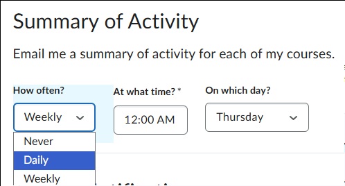 Summary of Activity selection to set how often you get notifications.