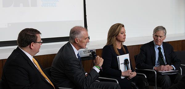 From left to right, Larry Obhof, Ohio Senate President, Mark Holden, General Counsel of Koch Industries, Holly Harris, Executive Director of the Justice Action Network and Bill Keller, Editor of The Marshall Project take part in special panel that analyzed the impact of the Midterm Elections on criminal justice reform.