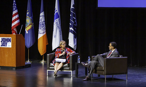 President Karol V. Mason and John B. King Jr. during their Q&A