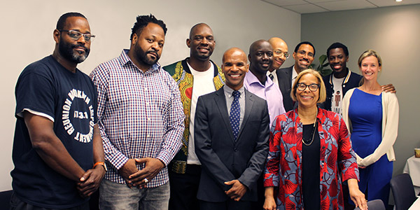 (center) Charles Davidson, Director of the Pre-Law Institute; (second from right) Karol V. Mason, President; (right) Laura Ginns, Vice President for Public Affairs and Strategic Initiatives with John Jay students and alumni.