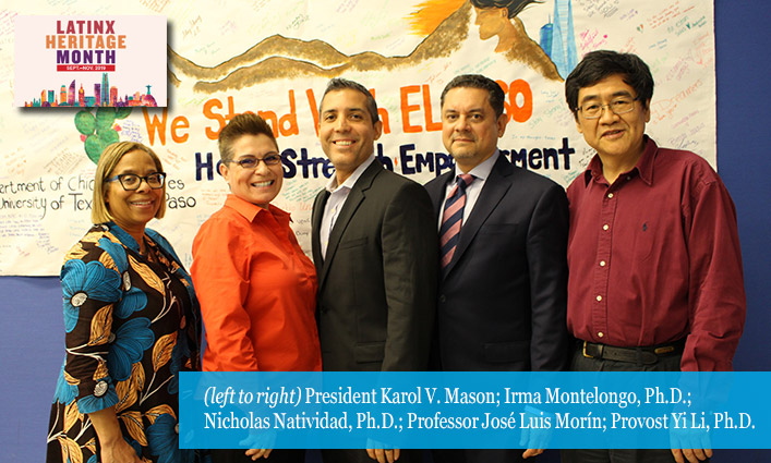 (left to right) President Karol V. Mason; Irma Montelongo, Ph.D.; Nicholas Natividad, Ph.D.; Professor José Luis Morín; Provost Yi Li, Ph.D.