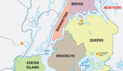 Map of New York City's five boroughs: Bronx, Manhattan, Queens, Brooklyn, and Staten Island
