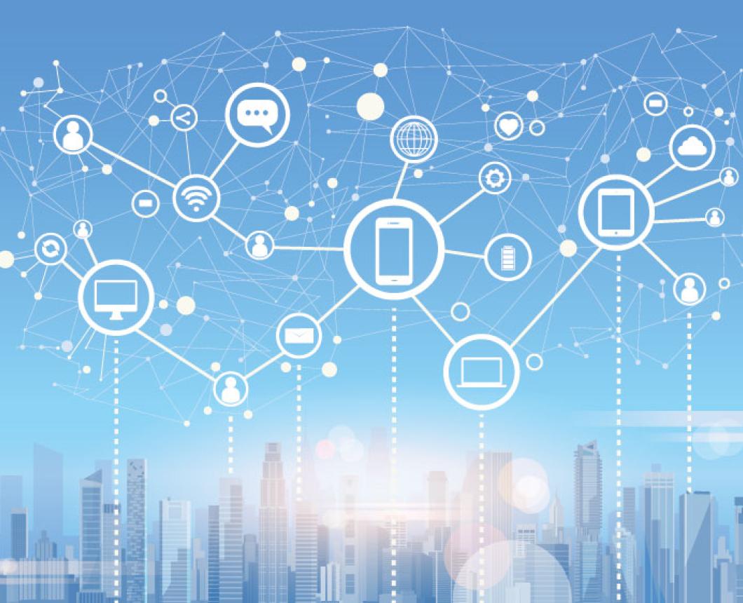 Diagram illustrating a digital communication network connecting devices across a city