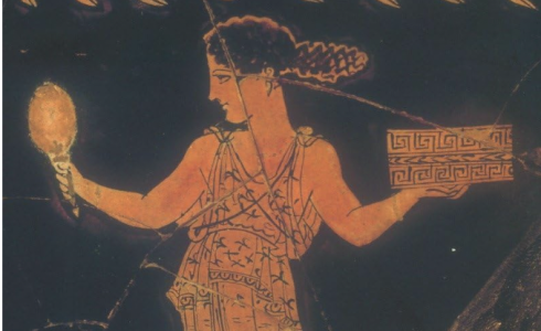Detail from Greek vase showing a goddess or a woman from the play Lysistrata