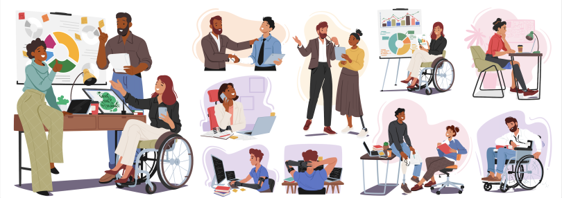 Illustration of diverse professionals, including individuals with disabilities, collaborating in an office setting. People are shown working on laptops, presenting charts, discussing projects, and communicating in various work environments, with some using wheelchairs or prosthetic limbs.