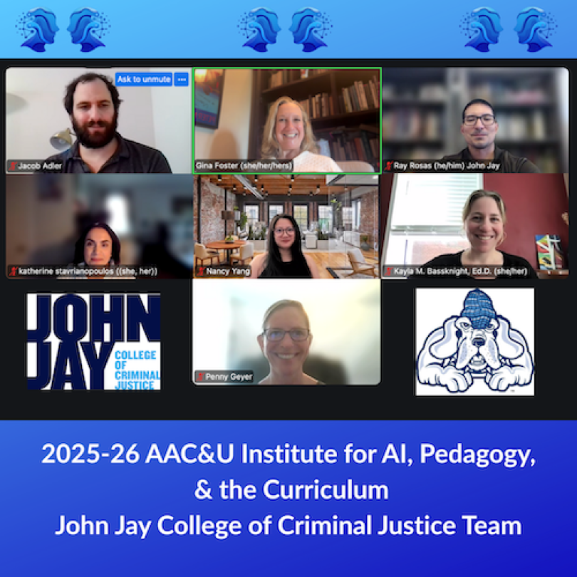 Screenshot of Zoom session with AAC&U institute John Jay team members. White text on blue background below the screen shot shows the institute title and college name.