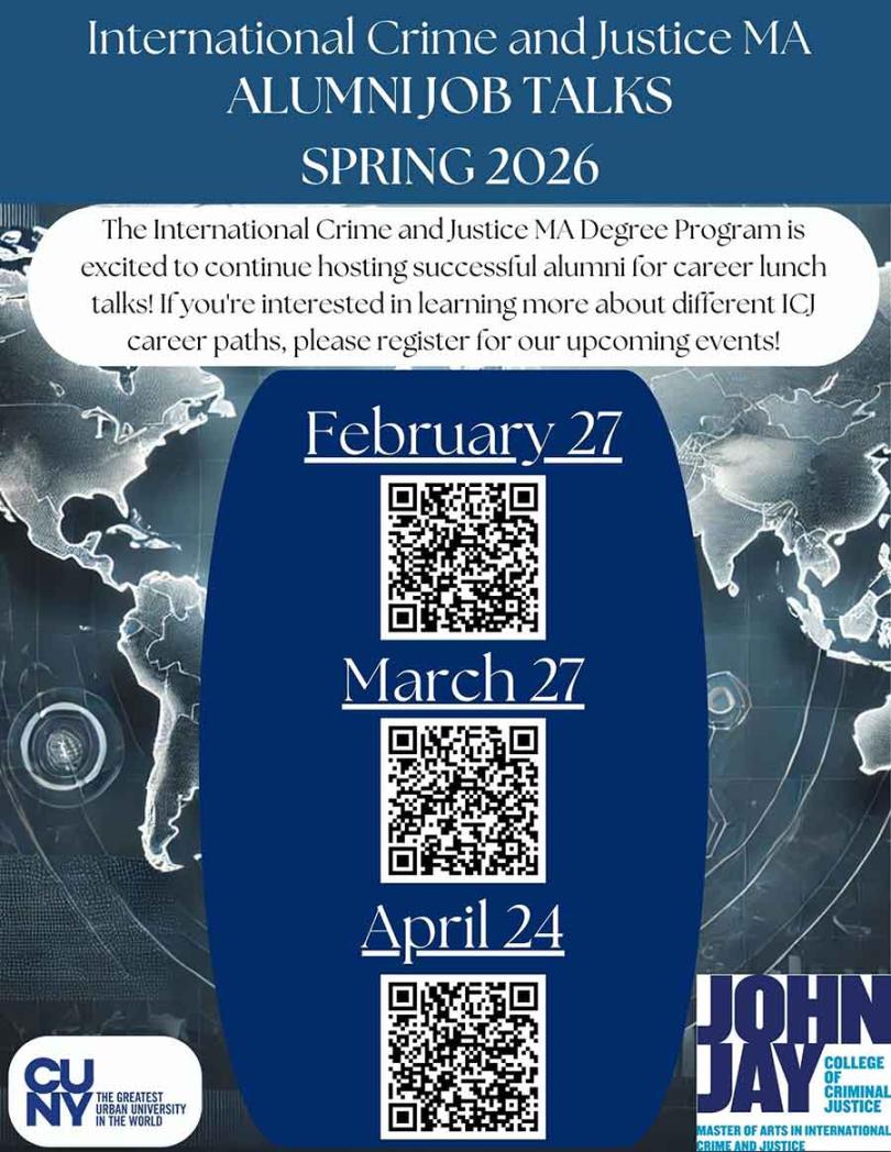Flyer for International Crime and Justice Alumni Job Talks Spring 2026