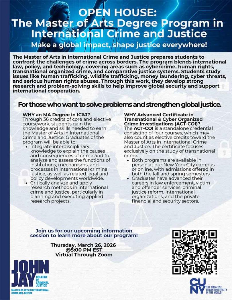 Flyer for Open House MA International Crime and Justice